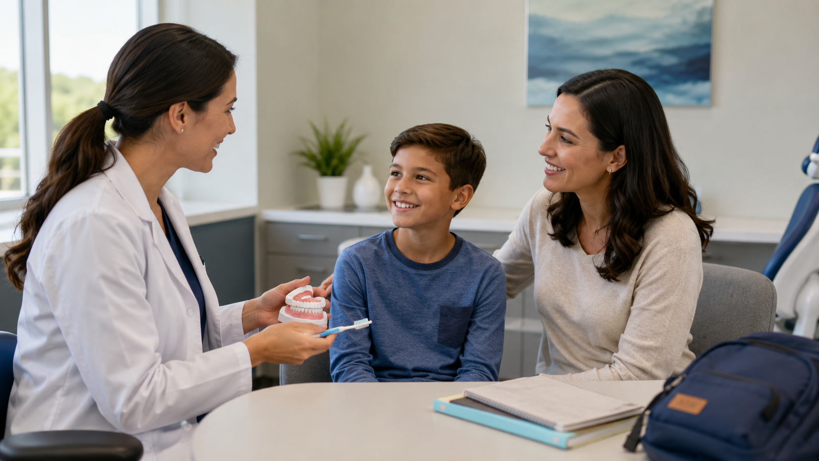 Parent and child speaking with a dentist about a back-to-school dental checkup in Brampton.