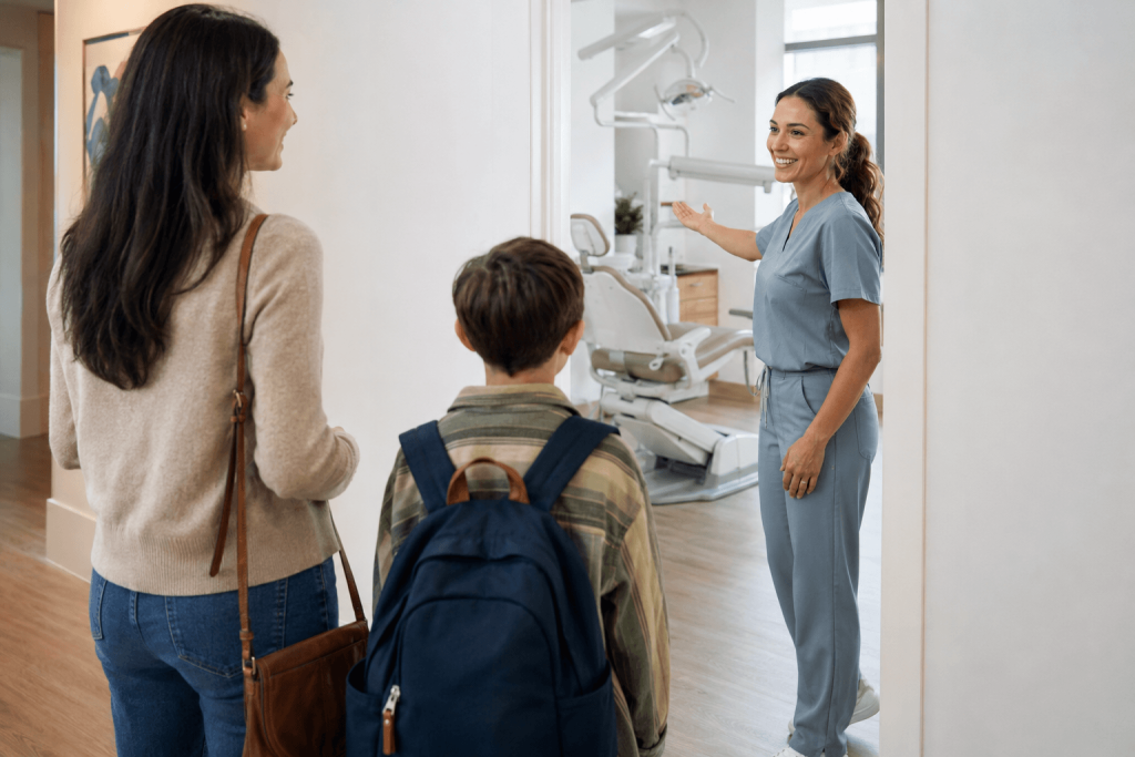 Dentist welcoming a parent and school-age child into a dental treatment room for a first visit.