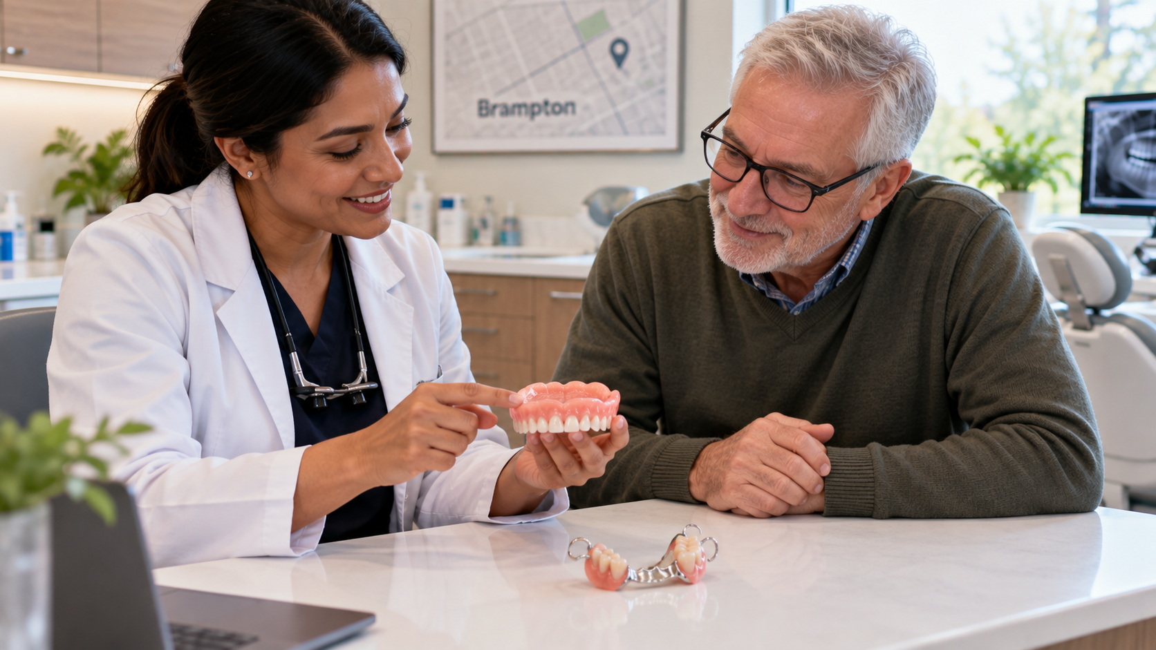 Dentist explaining complete and partial dentures to a patient in Brampton