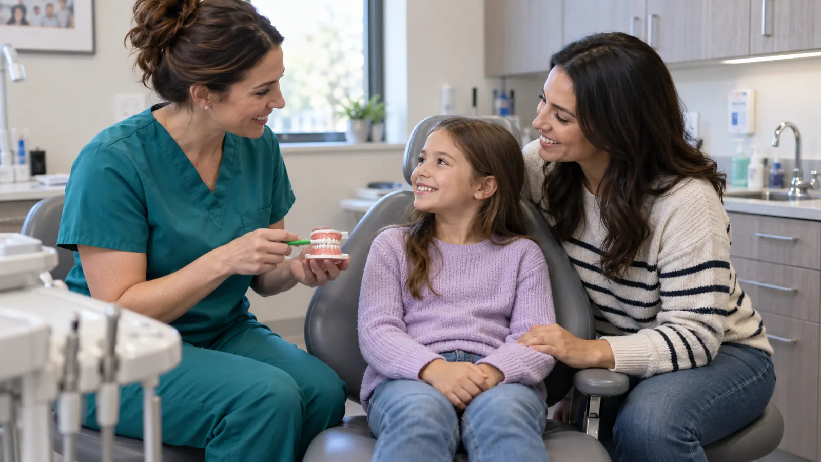Dentist demonstrates brushing on a dental model to a smiling child and parent in a compact treatment room.