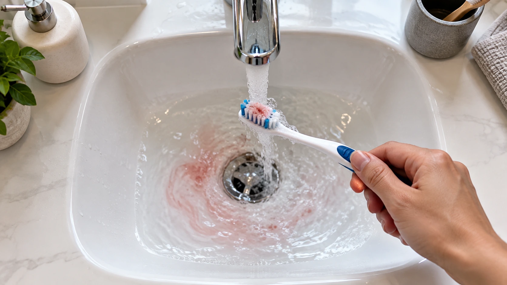 Toothbrush being rinsed after brushing with slight blood from bleeding gums.